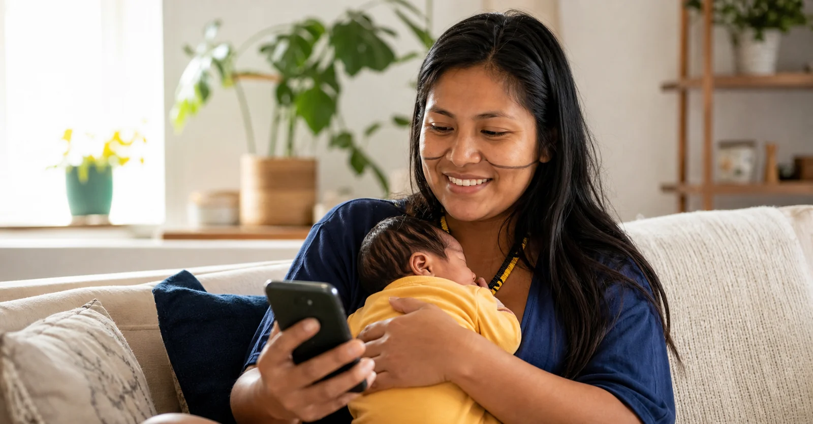 Mãe brasileira com seu bebê consultando o celular